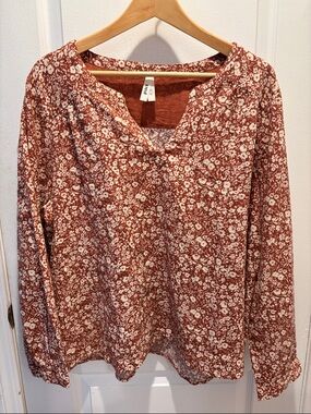 NWOT Pact Organic Cotton Rust Floral Long-Sleeve V-Neck Popover Blouse Top XL